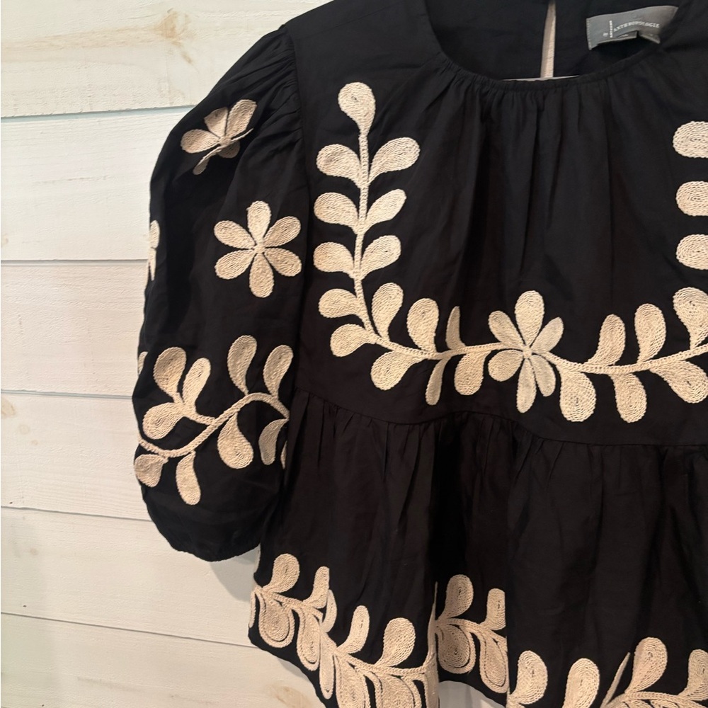 Anthropologie Black Peplum Blouse with Cream Floral Embroidery - Picture 6 of 13